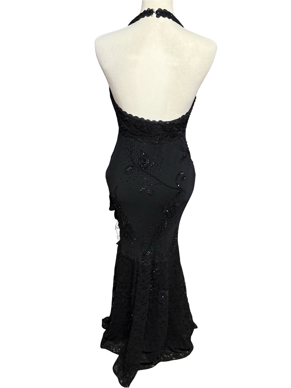 Vintage Y2K Cache Black Pure Silk Beaded Halter Mermaid Maxi Gown Dress Sz 8 - Picture 7 of 16